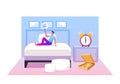 Leisure, Lazy Weekend Sparetime, Day Off Concept. Young Man Spend Time at Home. Male Character Sitting on Bed in Room
