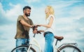 Leisure and lifestyle concept. Playful young man with his beautiful girlfriend on the love way. Young hippie couple on Royalty Free Stock Photo