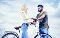 Leisure and lifestyle concept. Playful young man with his beautiful girlfriend on the love way. Young hippie couple on Royalty Free Stock Photo