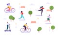 Leisure Outdoor Activities Concept. Active Characters Running in Park, Man and Woman Riding Bicycle, Girl Roller Skating