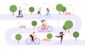 Leisure Outdoor Activities Concept. Active Characters Running in Park, Man and Woman Riding Bicycle, Girl Roller Skating