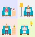 Leisure for Pensioners, Reading Newspaper, Knitting, Using Internet. Home Interior Background