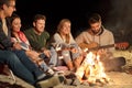 Friends roasting marshmallow and playing guitar Royalty Free Stock Photo