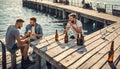 leisure and people concept - male friends fishing and drinking beer sea pier