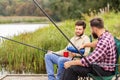 Friends fishing and drinking tea from thermos