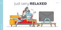 Leisure, Sparetime, Day Off Landing Page Template. Young Couple Watching TV with Popcorn at Home. Lazy Weekend Evening