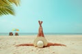 Leisure in summer - Young woman in straw hat lying sunbathe on a tropical beach