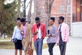 Leisure and teenage concept . a group of happy friends strolling on the street