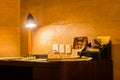 Leisure working desk under a glowing lamp