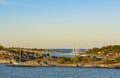 Leisureboats moored to cliffs HuvudskÃÂ¤r Stockholm achipelago