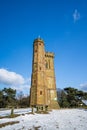 Leith Hill, Surrey, UK - 28th February 2018: A view of Leith Hill Tower on a cold winter`s day with snow on the ground