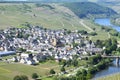 Leiwen, Germany - 06 01 2021: aerial view of Trittenheim, village and camping site at the Mosel