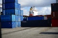 LeixÃÂµes harbor Containers stacked view on ship command tower on the background image