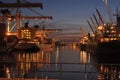 LeixÃÂµes port at night with ships container iluminated and with mobile bridge on background