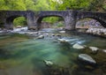 Leizaran river flows between the rocks under an old bridge in Andoain