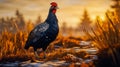 Lekking black grouse on spring swamp. Spring colors of moors with black grouse, blackcock. Male Black Grouse lek game at sunrise