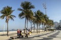 Leme beach boulevard with Portuguese tile pavement and palm trees