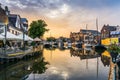 Lemmer, Netherlands - August 15, 2022: View of a water canal in the city of Lemmer in Friesland, Netherlands in beautiful sunset