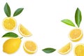 Yellow lemon with slices and green leaves isolated on white background . Royalty Free Stock Photo