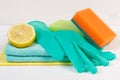 Lemon as environmentally friendly detergents and accessories for cleaning home, household duties concept Royalty Free Stock Photo