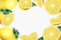 Lemon background. Flying defocusing lemon with green leaf on transparent background. 3D realistic fruits. Lemon falling from