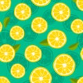 Lemon background. Fresh tropic fruit pattern on green background. Vector illustration