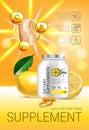 Lemon balm dietary supplement ads. Vector Illustration with Lemon supplement contained in bottle and lemon elements.