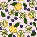 Lemon Blueberry and Basil Leaf Surface Pattern Fruity Background Illustration Vector.