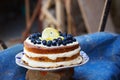 Lemon blueberry naked cake with blueberries on the top and mascarpone butter frosting Royalty Free Stock Photo