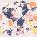 Lemon branches pattern, rustic illustration with blooming citrus