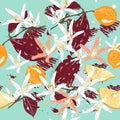 Lemon branches pattern, rustic illustration with blooming citrus