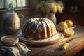 Lemon bundt cake on a wooden table with a cup of tea and lemons