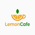 Lemon cafe logo. Cup of tea with lemon on white