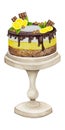 Lemon cake with chocolate, nuts and mint on a stand. Watercolor holiday clipart