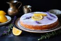 a lemon cake with lavender icing and sugared lemons