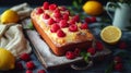 Lemon cake with raspberries and lemon on a dark background.