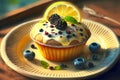 lemon cake soft baked delicious muffins with chocolate berries and lemon on plate