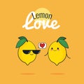 Lemon cartoon characters, Cute fruit couple, Vintage poster flat design with Vector illustration