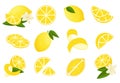 Lemon . Cartoon citrus peel slice half and zest, sour lemonade ingredients. Vector isolated set