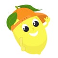 Lemon in cartoon style. A fruit with a face and a leaf and in a baseball cap is happy and smiling. Lemon for baby food, packaging