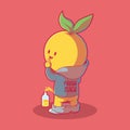 Lemon character peeing in a bottle vector illustration.