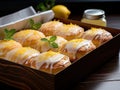 Lemon cheese cookies packed in a box, lemon flavored cookies with a crunchy texture, covered in lemon frosting delicious