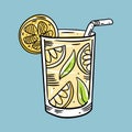 Lemon cocktail or lemonade. Lemon slice with mint. Cartoon flat vector illustration. Isolated on blue background. Royalty Free Stock Photo