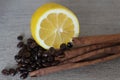 Lemon, coffee beans and cinnamon