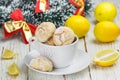 Lemon cookie with powdered sugar in a white Cup Royalty Free Stock Photo