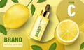 Lemon cosmetic poster ad. Realistic serum with vitamin C, circular disks and cosmetic bottle template. Realistic 3d