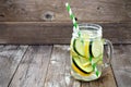 Lemon cucumber detox water in a mason jar against wood