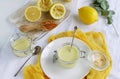 Lemon curd delicious and healthy dessert on a white yellow background. top view. flat lay Royalty Free Stock Photo