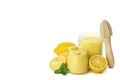 Lemon curd and ingredients isolated on white background Royalty Free Stock Photo