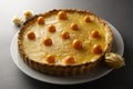 Lemon curd pie. Homemade delicious pie ,tart filled with lemon curd. Sweet dessert. Lemon curd pie decorated with physalis